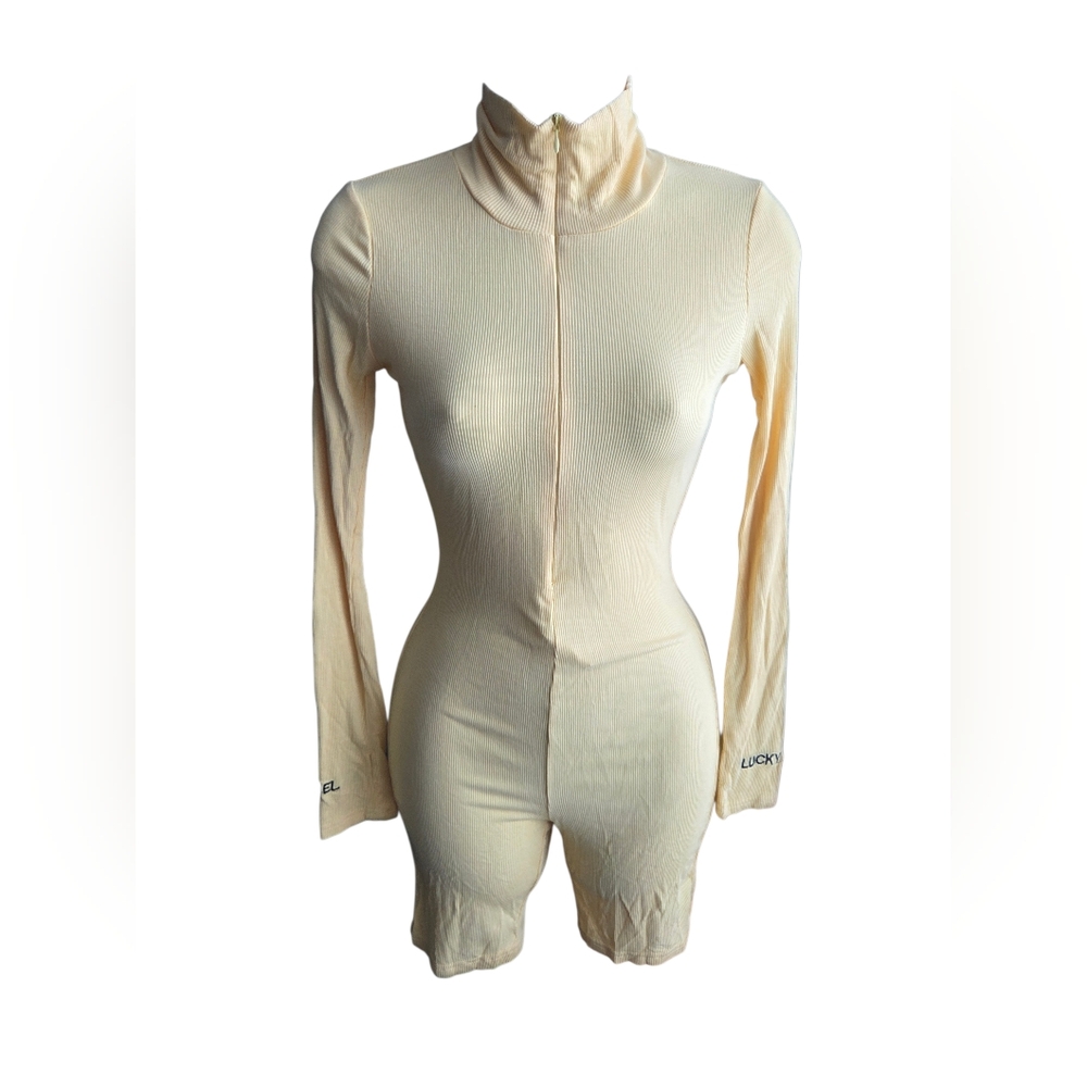 Lucky Label Yellow Jumpsuit Shorts Long Sleeve Zipper Logo Romper Size L